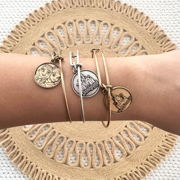 Alex & Ani Disney Land World Frozen Elsa Anna Set 3 Bangle Bracelets Silver Gold - Picture 2 of 8